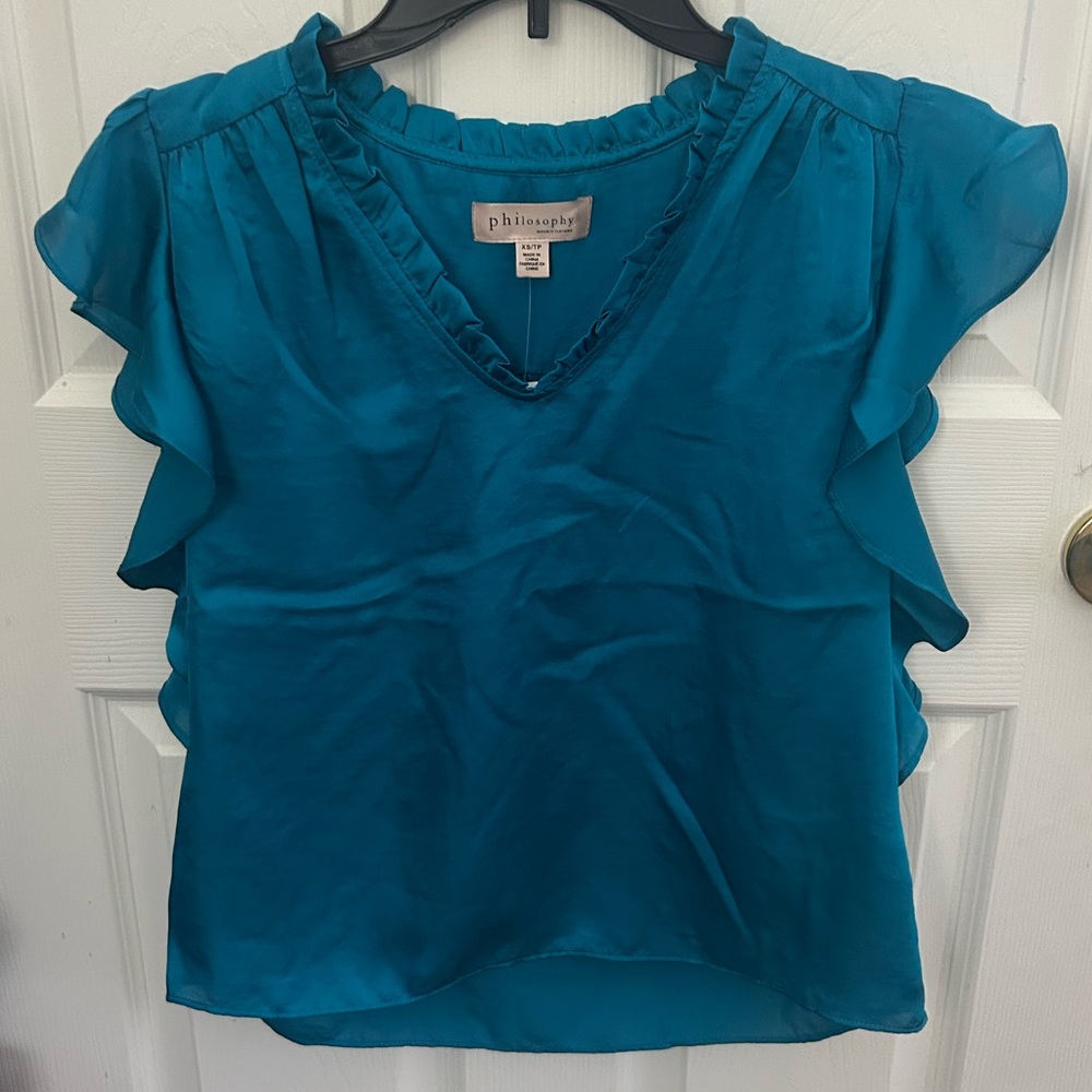 NWT Philosophy Flowy Teal Blouse w/ Ruffle Neckline - Size XS